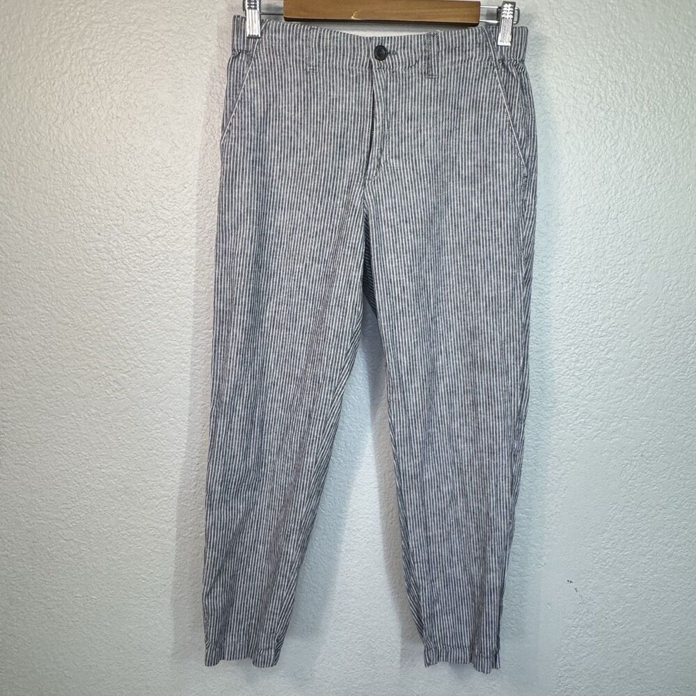 Uniqlo Pants Women M Striped Blue Flax Ankle Tapered Coastal Travel Casual